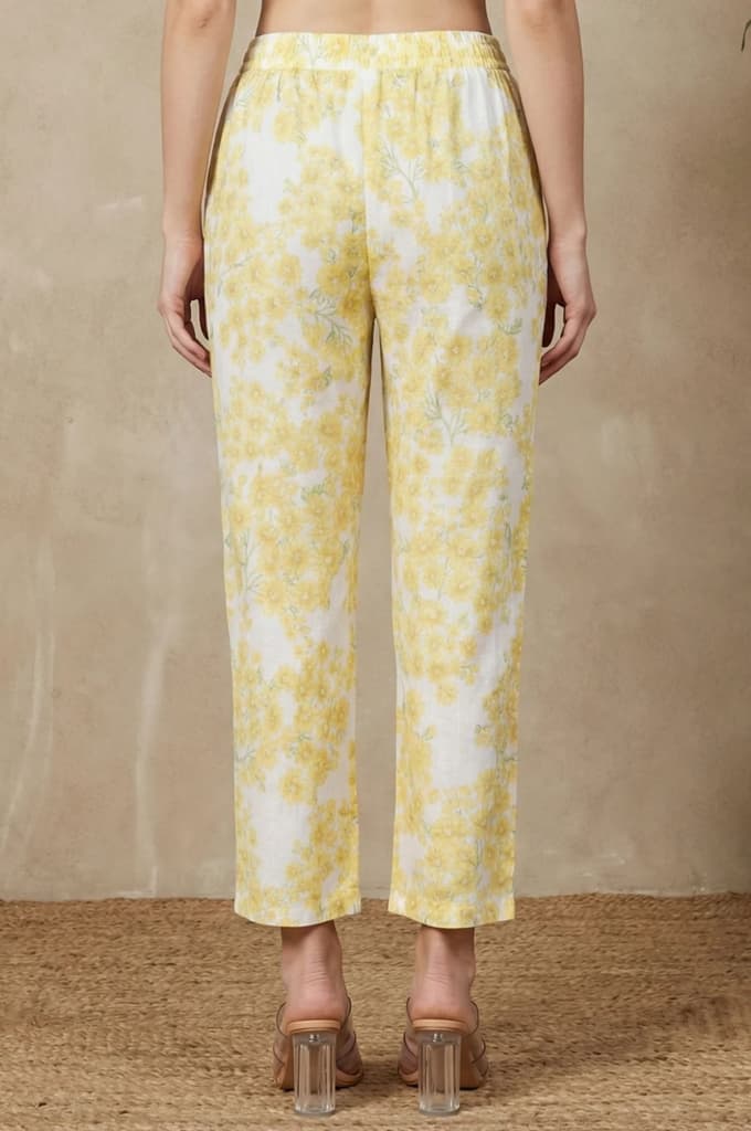 Yellow Floral Printed Pure Cotton Ankle Length Straight Pants — photo 4