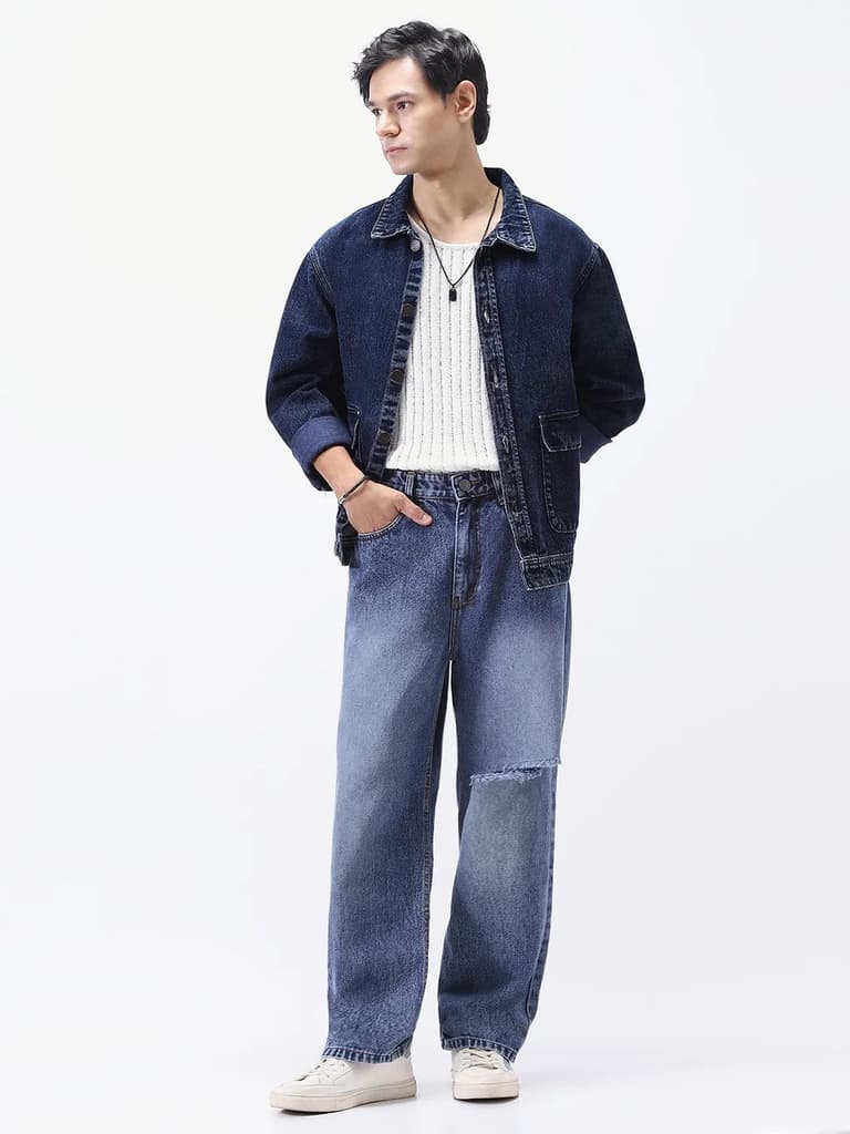 Men's Dark Blue Relaxed Fit Full Sleeve Utility Denim Jacket — photo 5