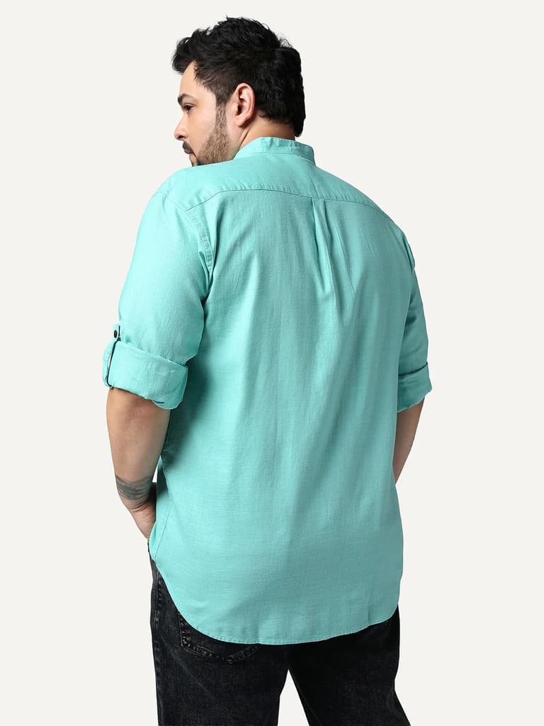 Plus Men's Light Teal Linen Blend Full Sleeve Relaxed Fit Mandarin Collar Casual Solid Shirt — photo 3