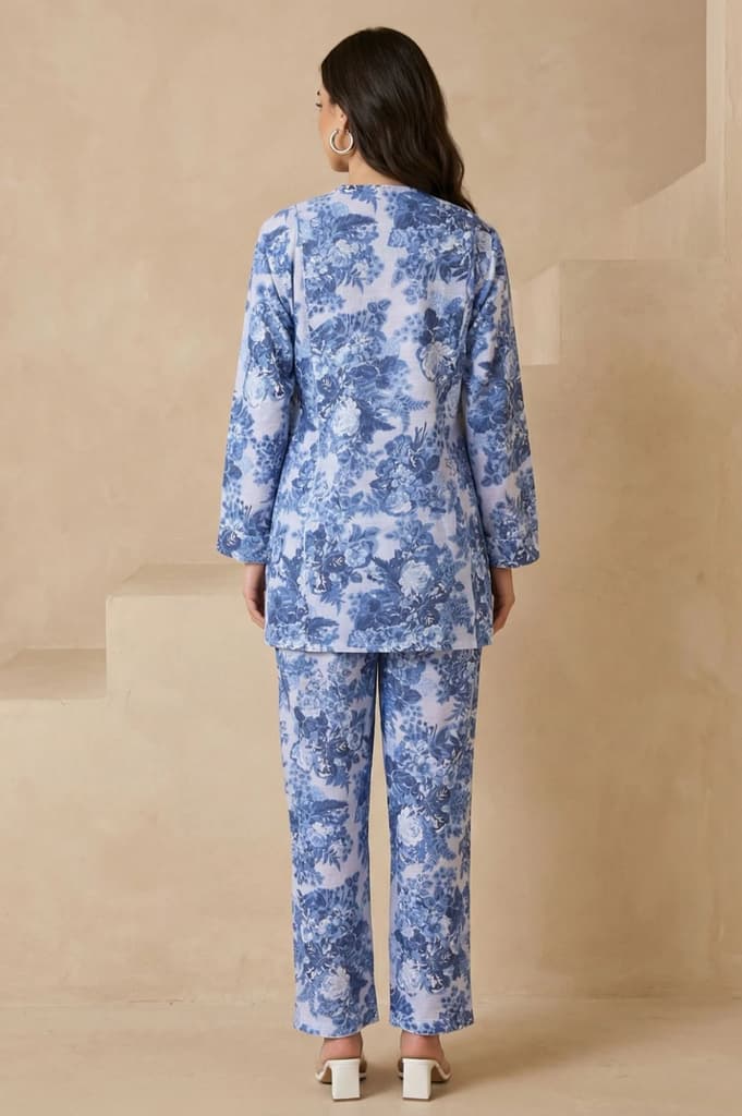 Blue Floral Printed Pure Cotton Straight Tunic with Pants Co-ord Set — photo 6