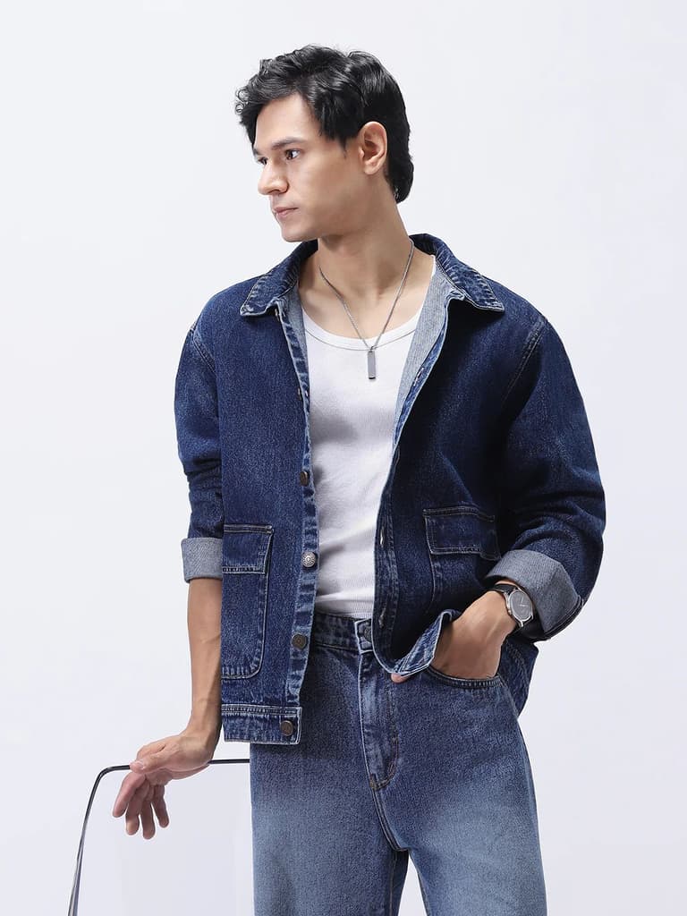 Men's Blue Relaxed Fit Full Sleeve Utility Denim Jacket — photo 2