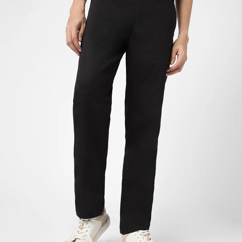 Men's Black Cotton Regular Fit Casual Chinos Trousers Stretch