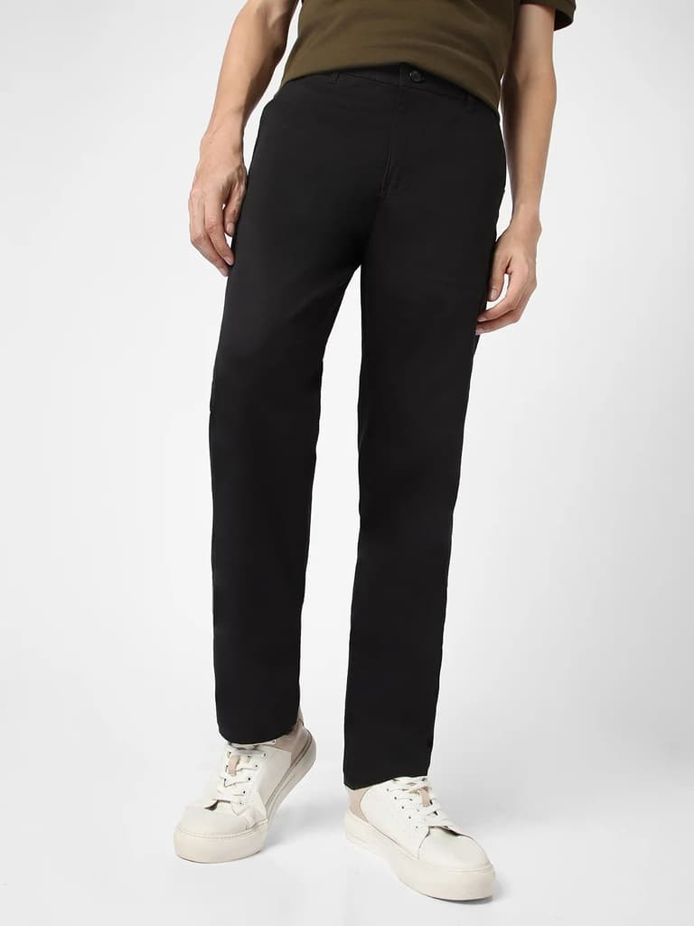 Men's Black Cotton Regular Fit Casual Chinos Trousers Stretch — 28 / Black