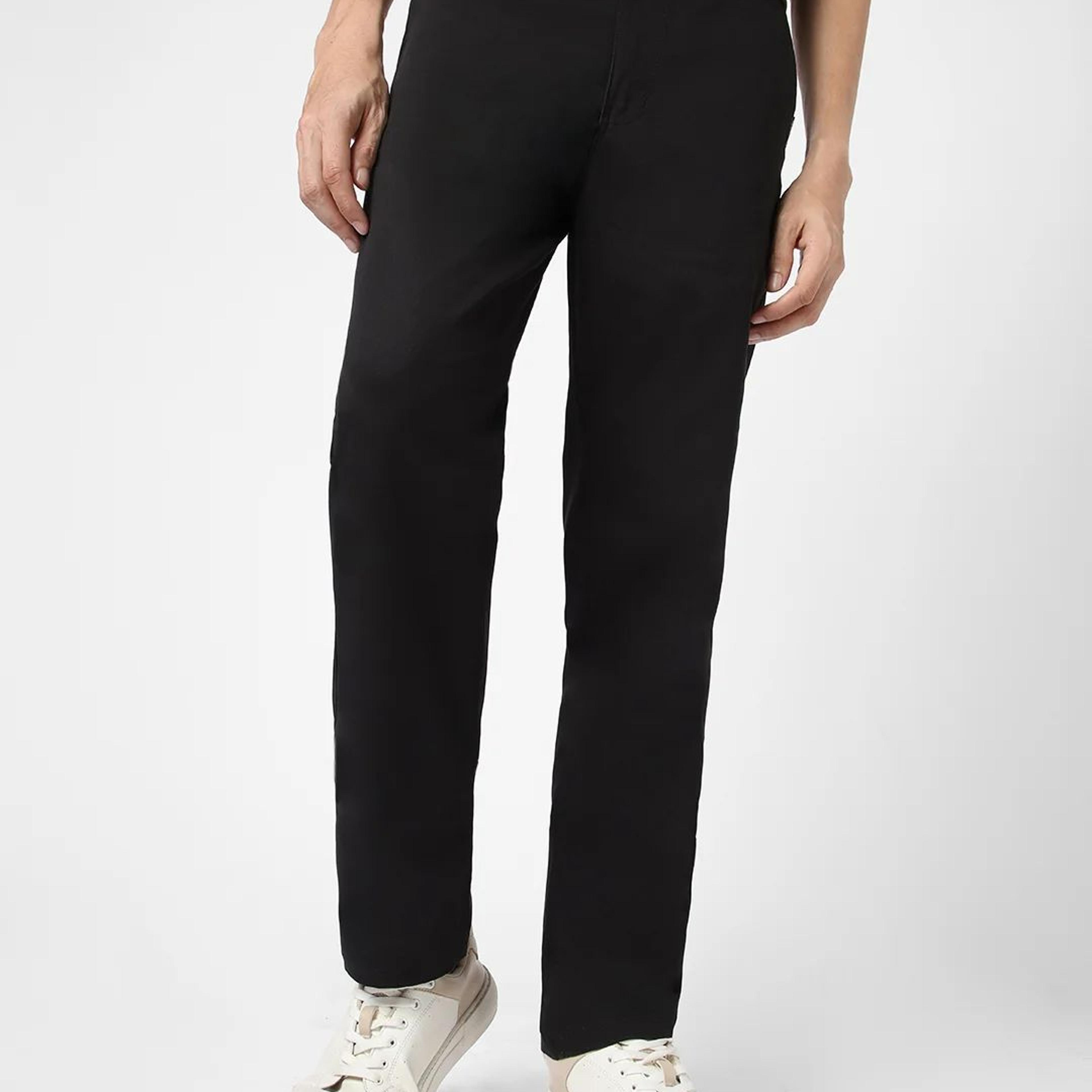 Men's Black Cotton Regular Fit Casual Chinos Trousers Stretch