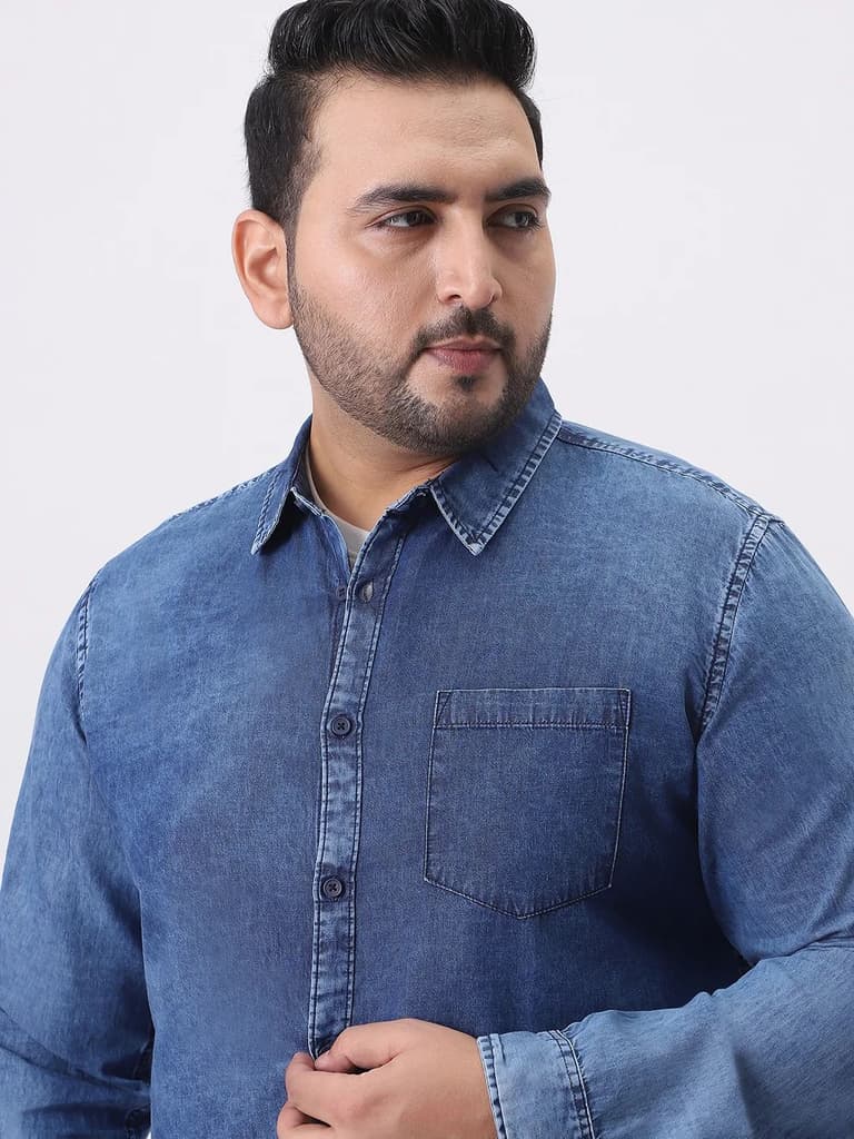 Plus Men's Blue Regular Fit Full Sleeve Washed Denim Shirt — photo 5