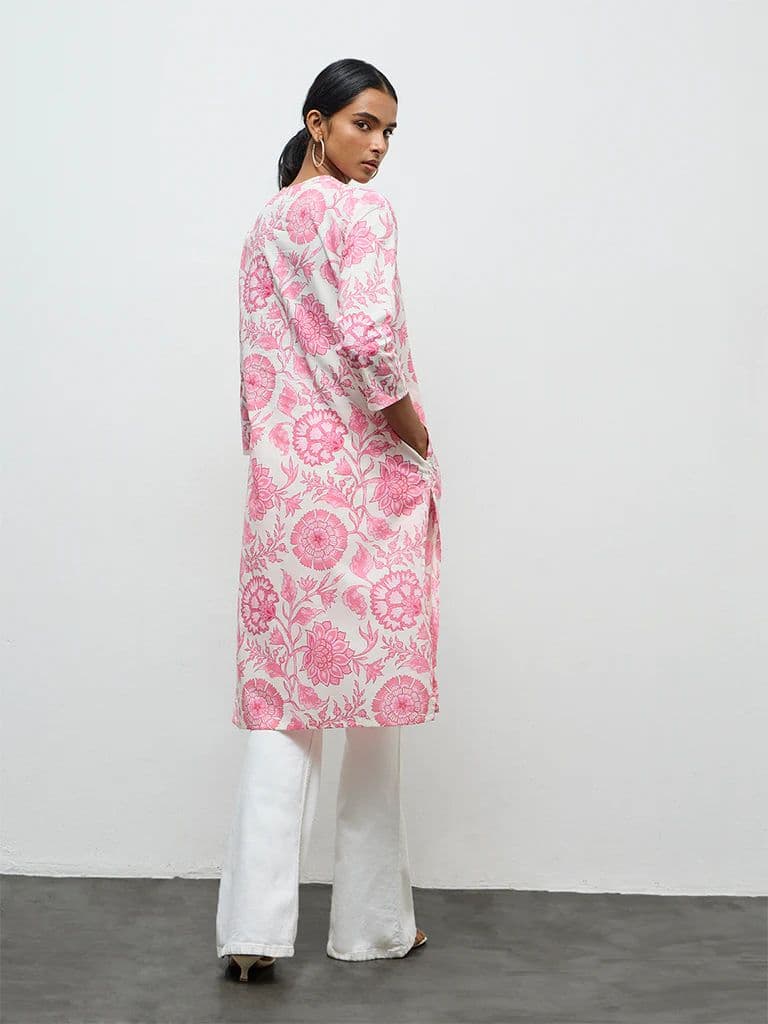 Utsa Pink Floral Printed Cotton Straight Kurta — photo 4