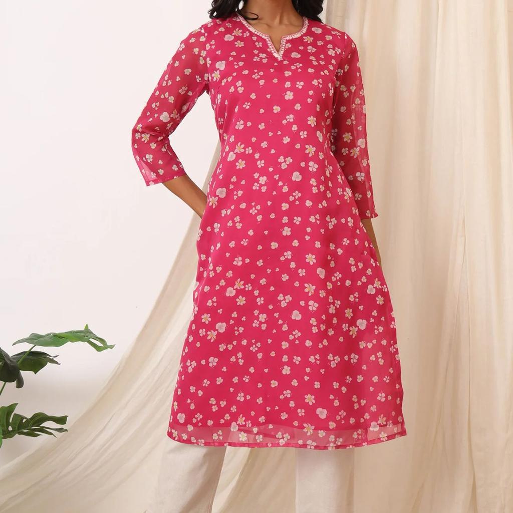 Pink Floral Printed Organza Straight Kurta