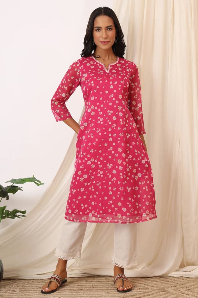 Pink Floral Printed Organza Straight Kurta — XS