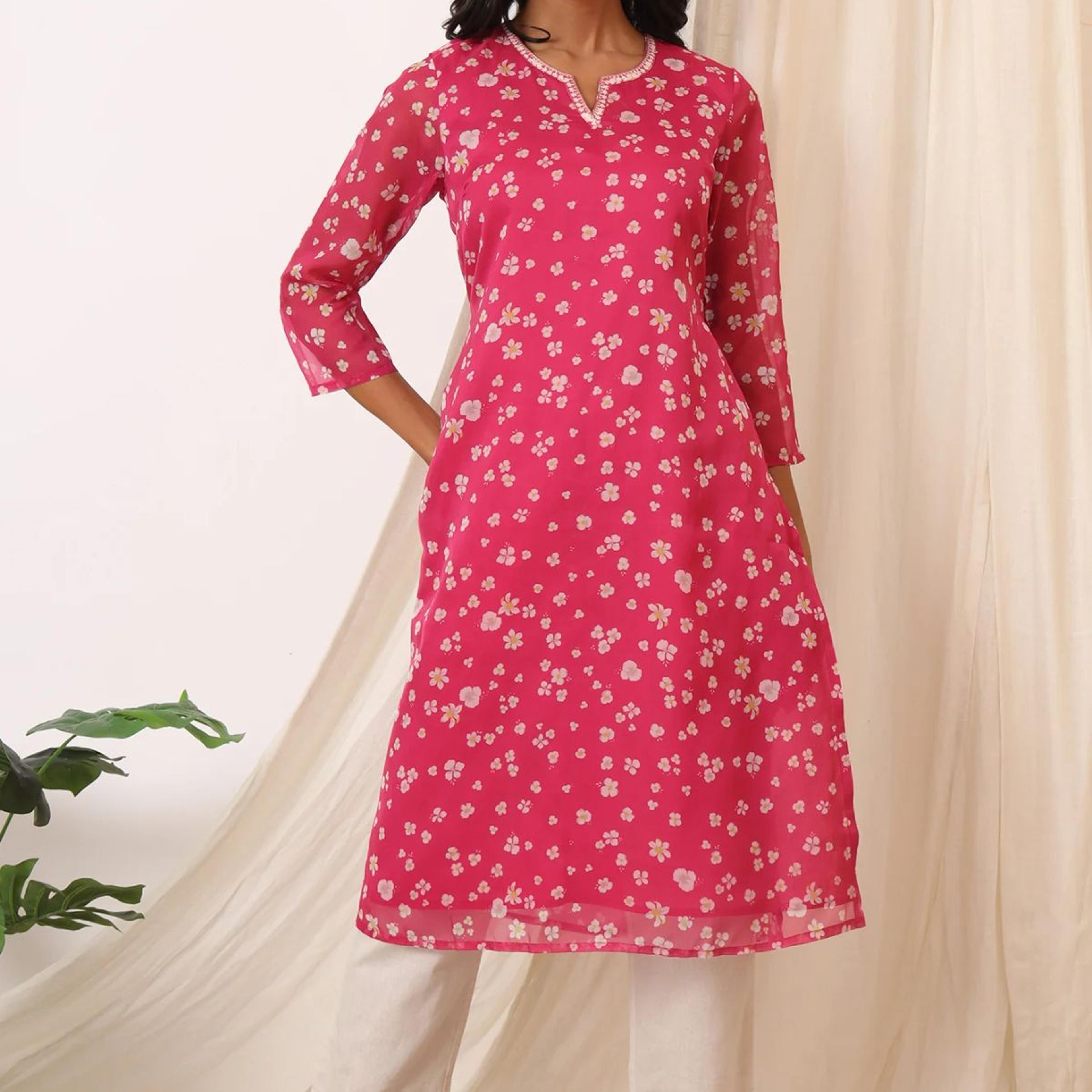 Pink Floral Printed Organza Straight Kurta