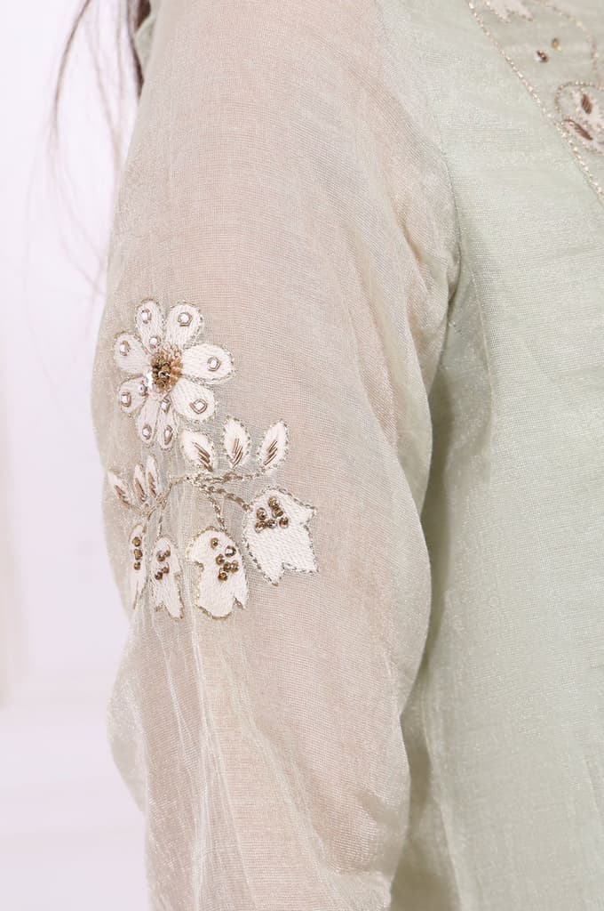 Light Green Embroidered Silk Blend Straight Kurta, Pants and Dupatta Set — photo 7