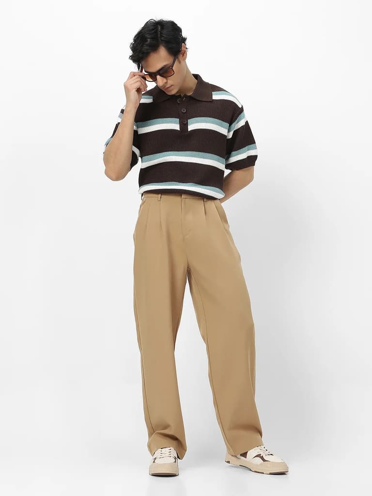Men's Khaki Loose Baggy Fit Solid Korean Trousers Stretchable — photo 5