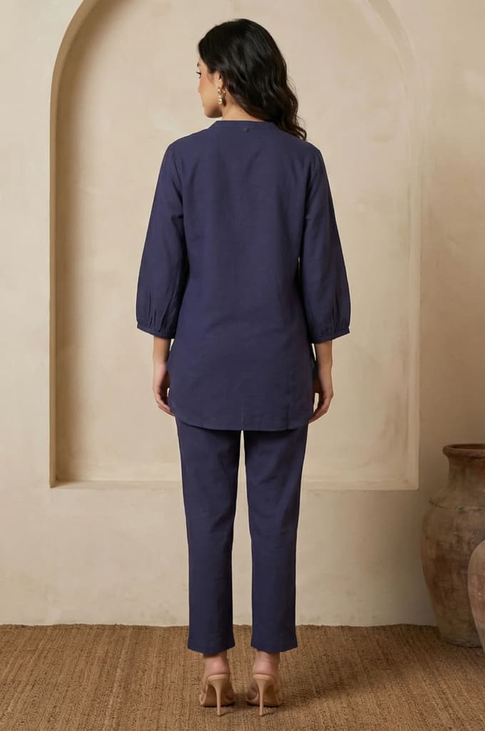 Navy Blue Embroidered Rayon Straight Shirt with Pants Co-ord Set — photo 5
