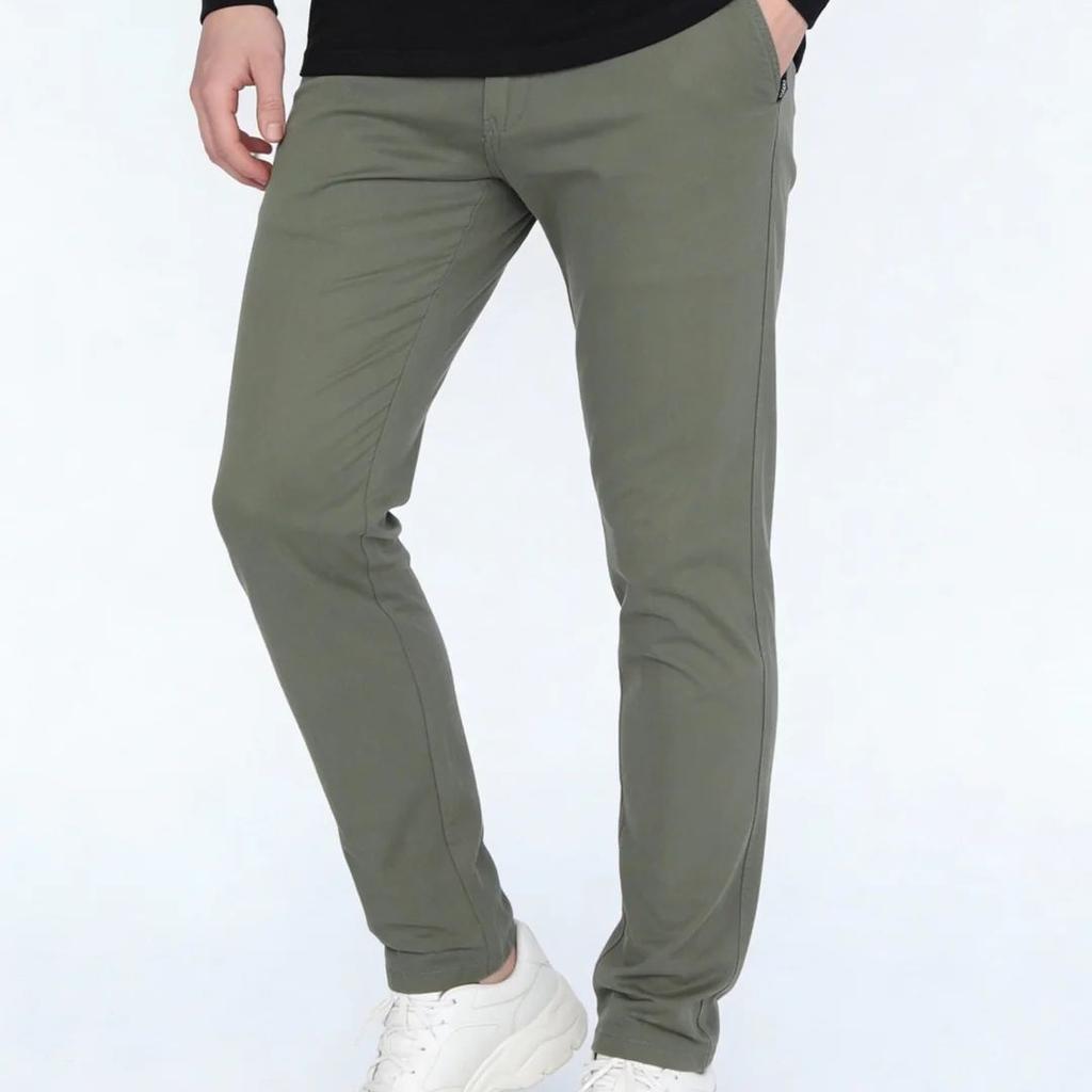 Men's Sage Green Straight Fit Mid Rise Cotton Casual Chinos Trousers Stretch