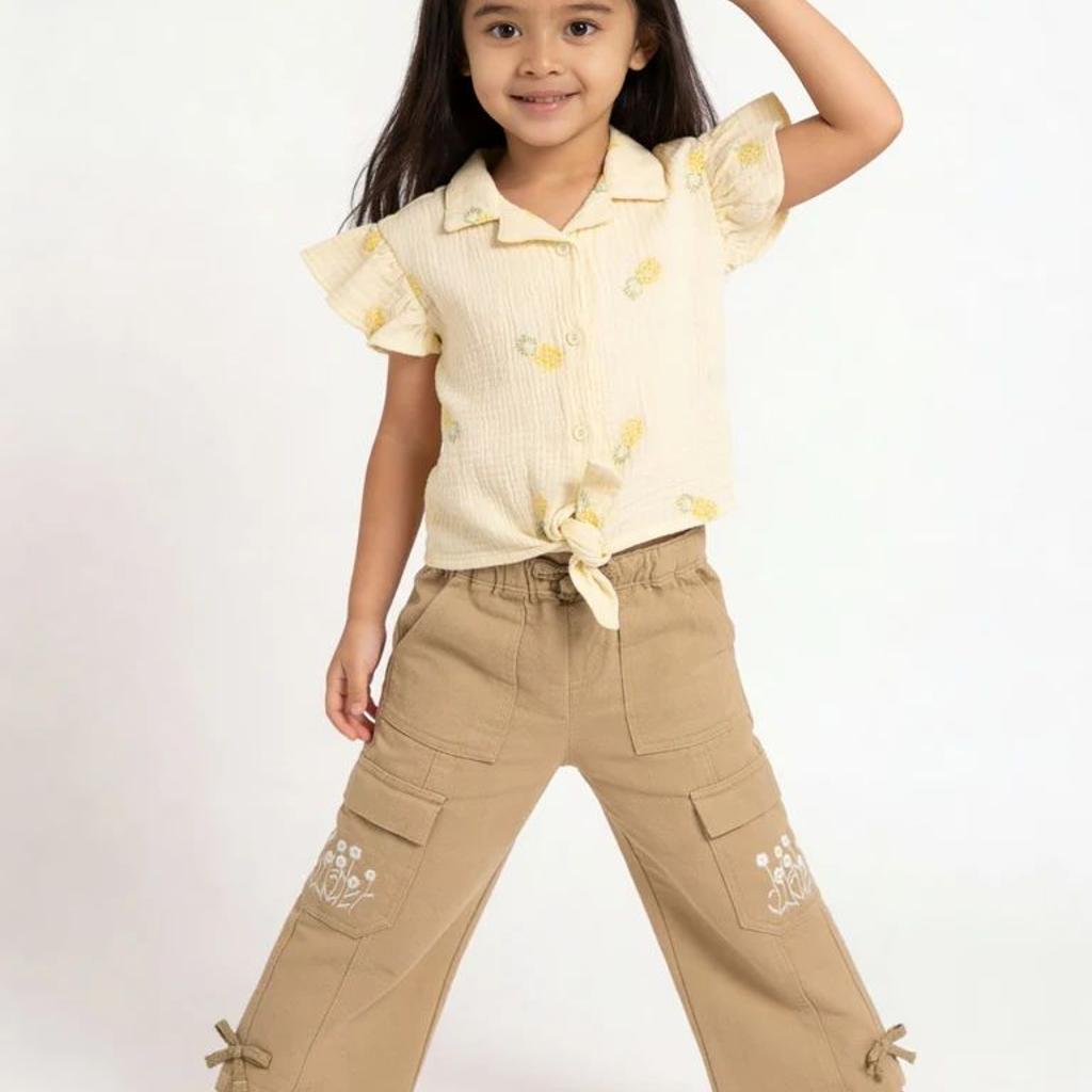 HOP Kids Girls Light Yellow Embroidered Tie-Knot Ruffle Cotton Shirt