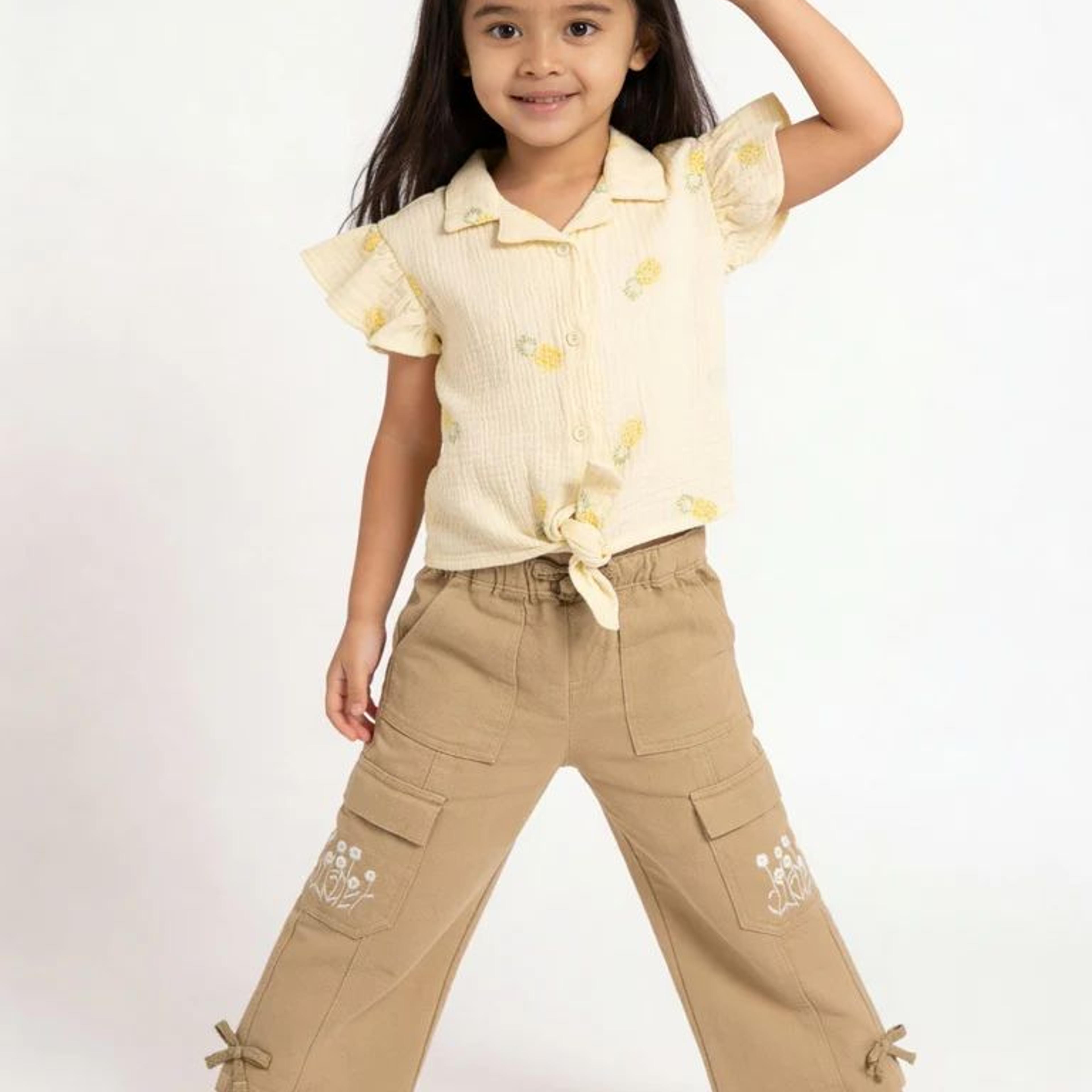 HOP Kids Girls Light Yellow Embroidered Tie-Knot Ruffle Cotton Shirt
