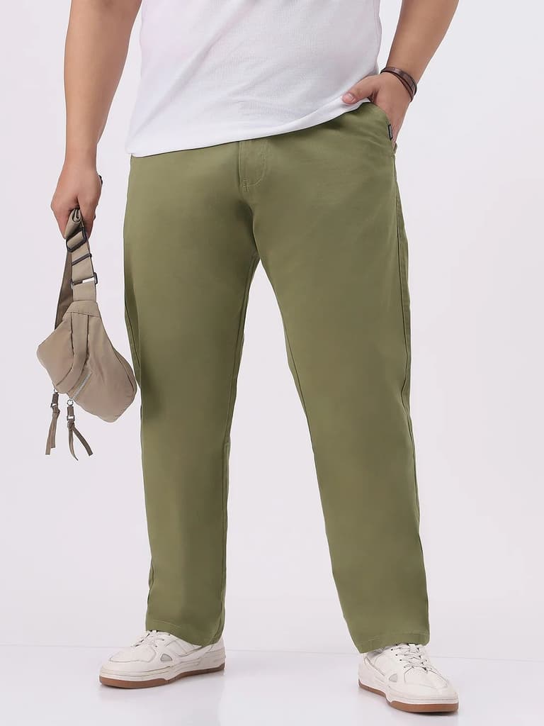 Plus Men's Light Olive Cotton Regular Fit Casual Chinos Trousers Stretch — 36 / Light Olive