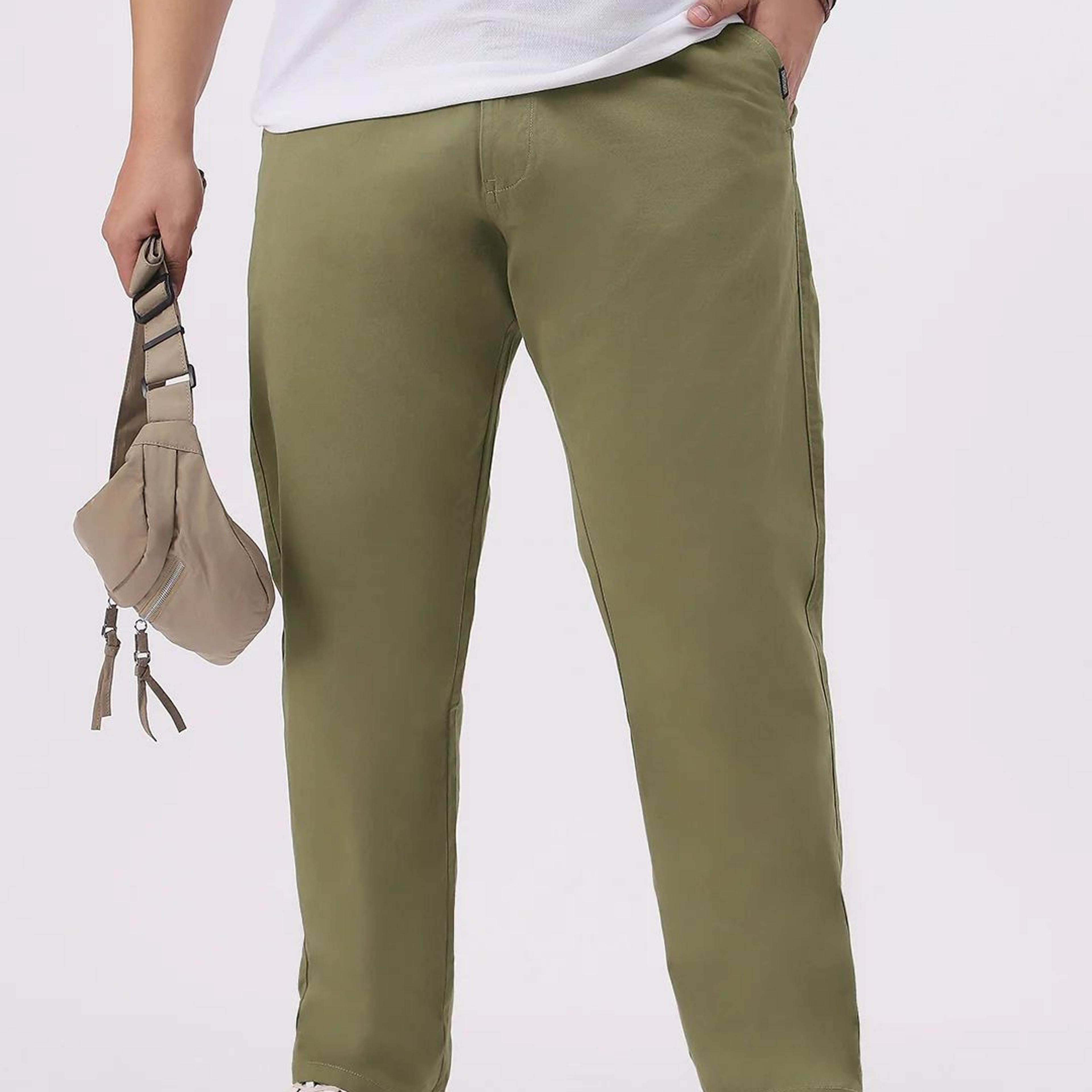 Plus Men's Light Olive Cotton Regular Fit Casual Chinos Trousers Stretch
