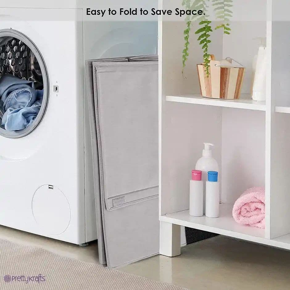PrettyKrafts 75 L Foldable Laundry Basket L1113 | Cloth Storage Hamper with Lid & Handles | Grey - Large