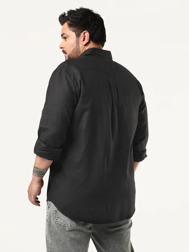 Plus Men's Black Linen Blend Full Sleeve Relaxed Fit Casual Solid Shirt — photo 3