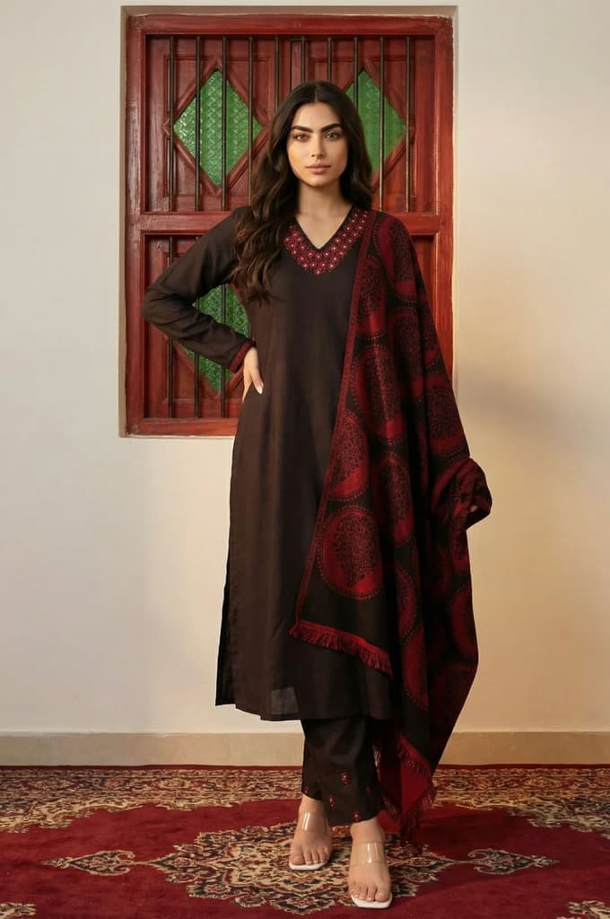 Black Solid Embroidered Straight Winter Kurta with Pants and Dupatta Set — XS