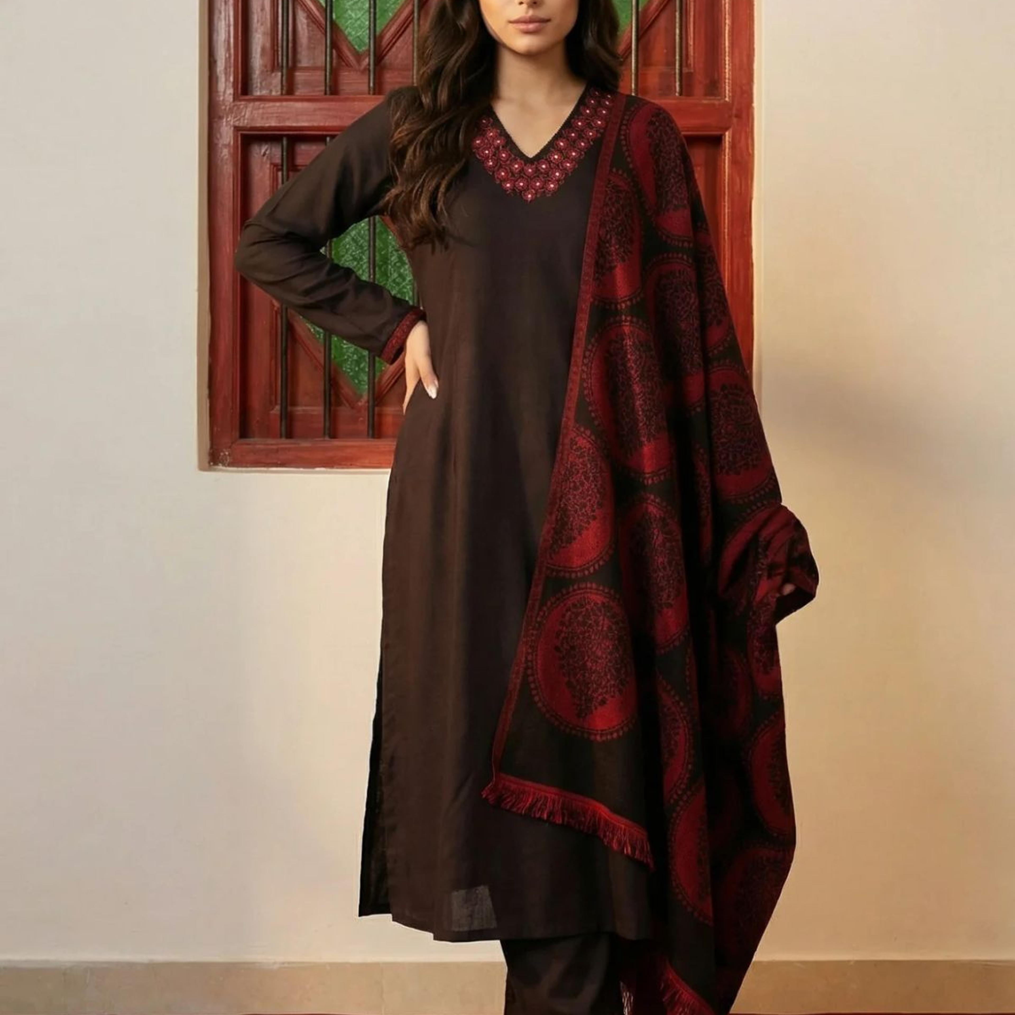 Black Solid Embroidered Straight Winter Kurta with Pants and Dupatta Set