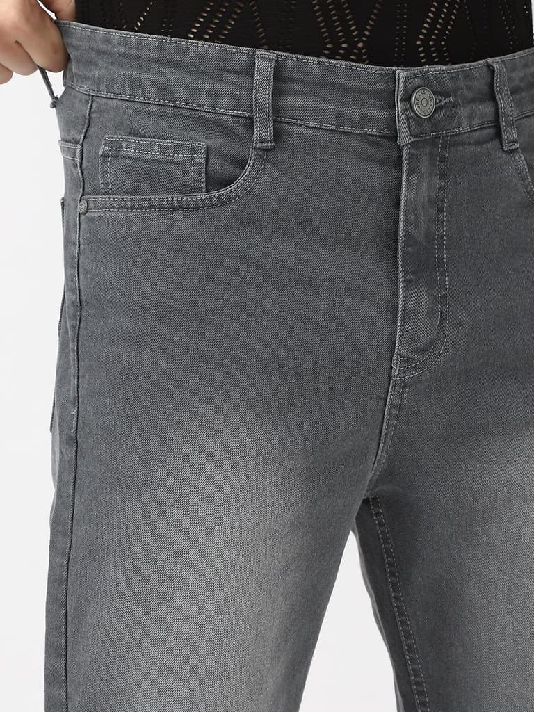 Men's Grey Straight Fit Washed Jeans Stretchable — photo 6