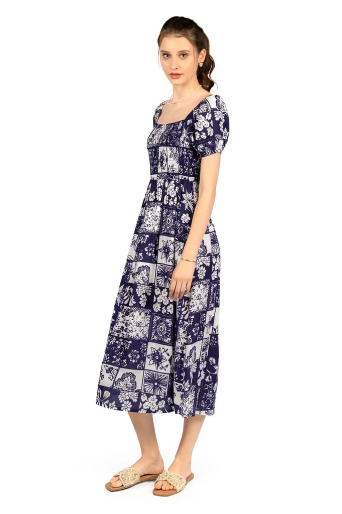 Blue & White Floral Rayon Fit & Flare Midi Dress — photo 6