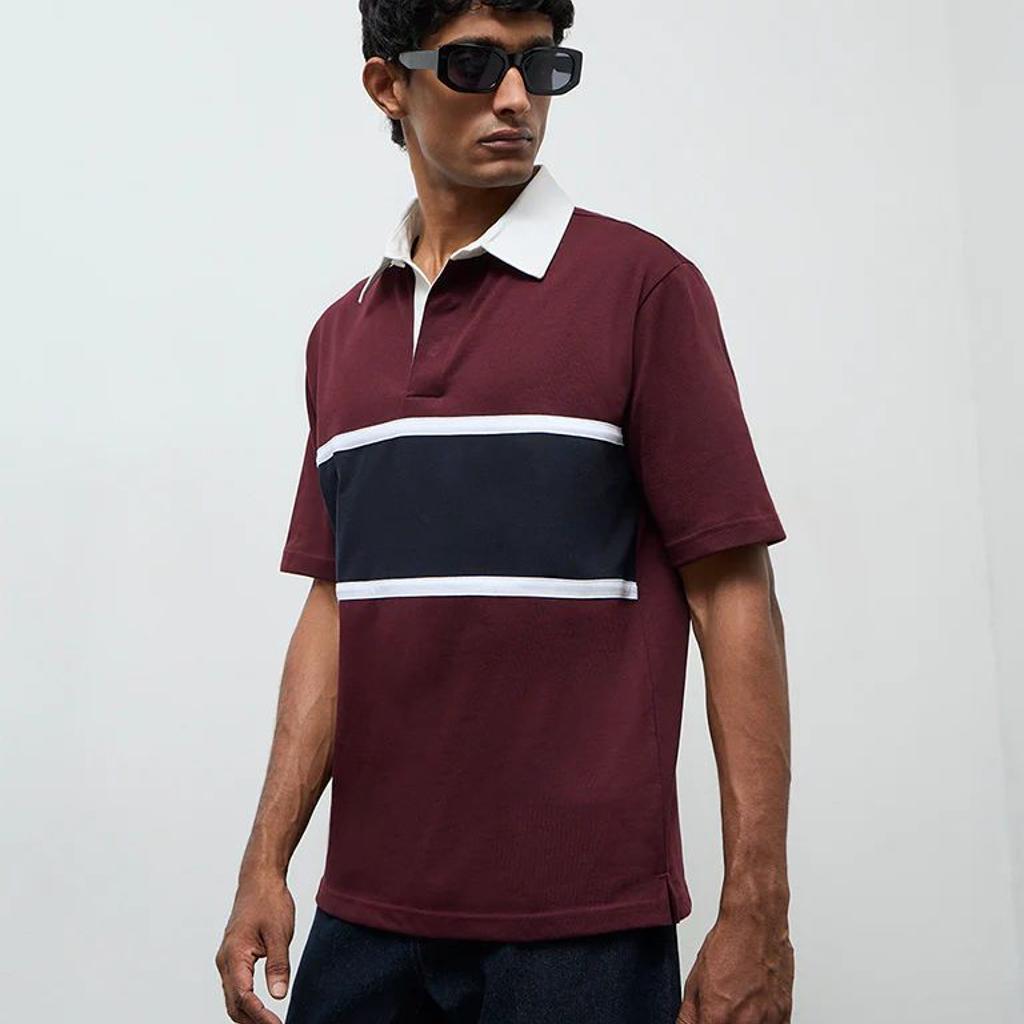 WES Casuals Wine Relaxed-Fit Cotton-Blend Polo T-Shirt
