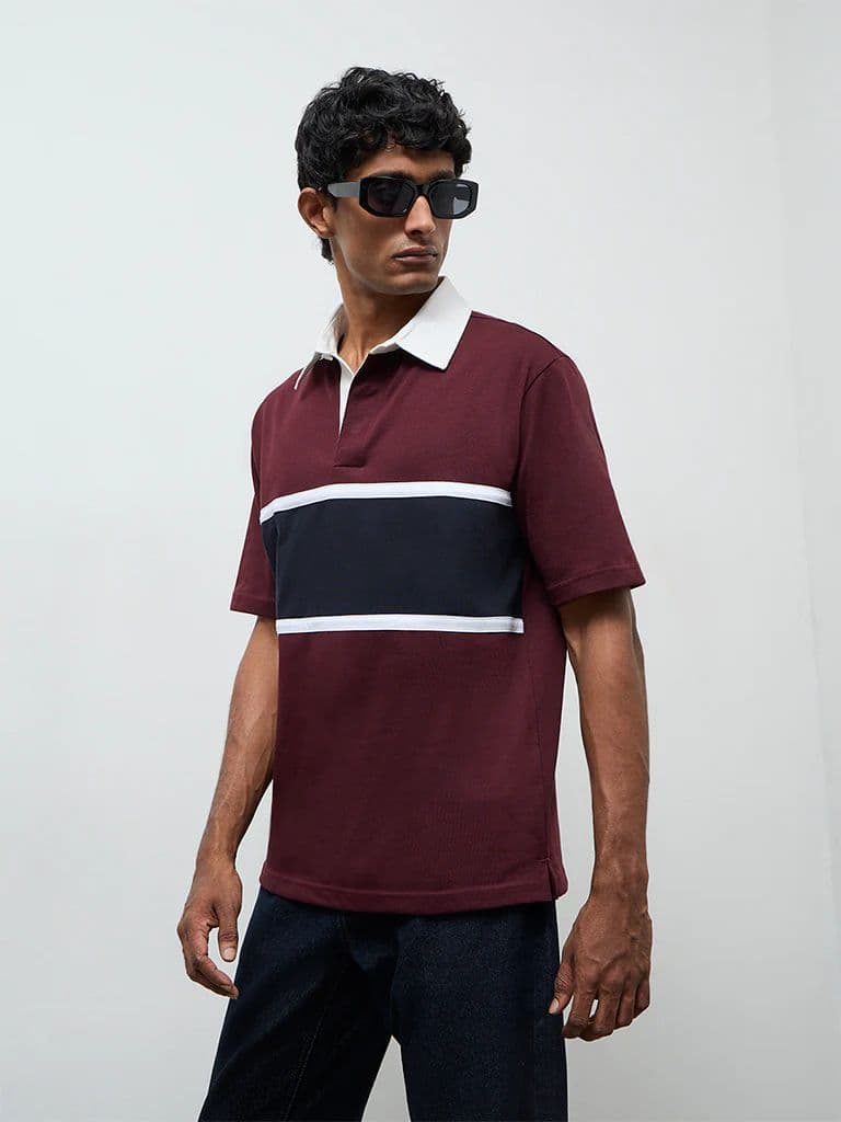 WES Casuals Wine Relaxed-Fit Cotton-Blend Polo T-Shirt