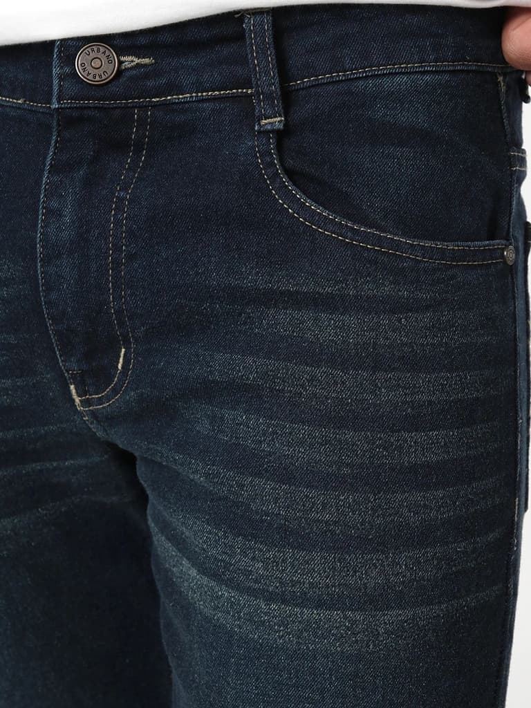 Men's Dark Blue Bootcut Fit Mid Rise Heavy Washed Jeans Stretchable — photo 5