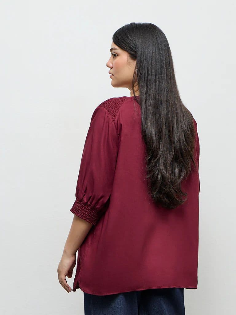 Gia Wine Smocked Detail Blouse — photo 4