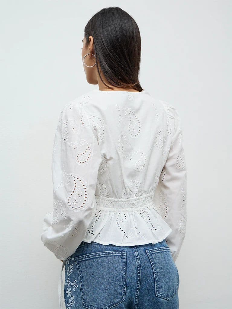 LOV Off-White Paisley Embroidered Cotton Blouse — photo 4