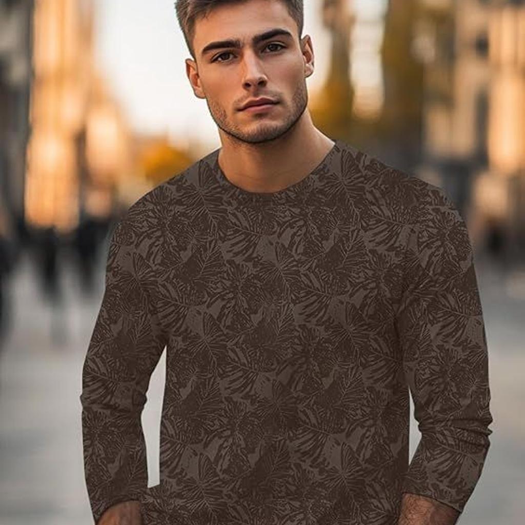 Men's Chicory Coffee Printed Full Sleeve Slim Fit Cotton T-Shirt