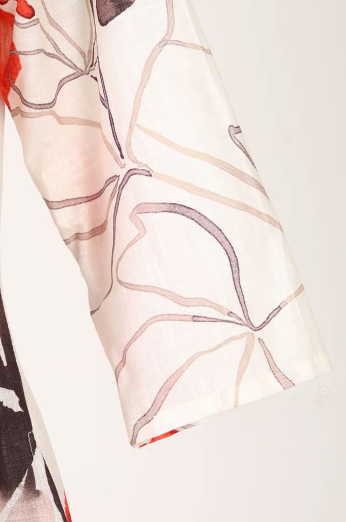 Off White Floral Printed Cotton Flax Flared Kurta — photo 7
