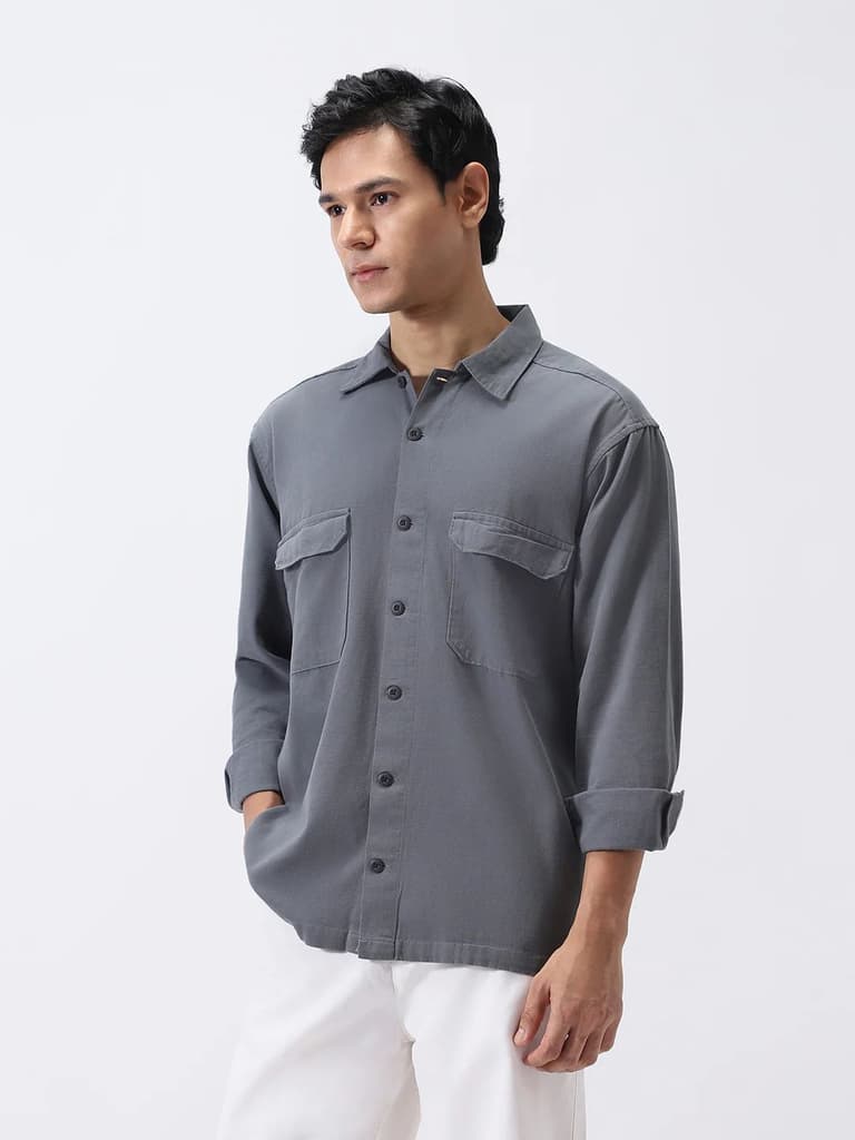 Men's Grey Cotton Full Sleeve Relaxed Fit Shacket with Utility Pockets — photo 3