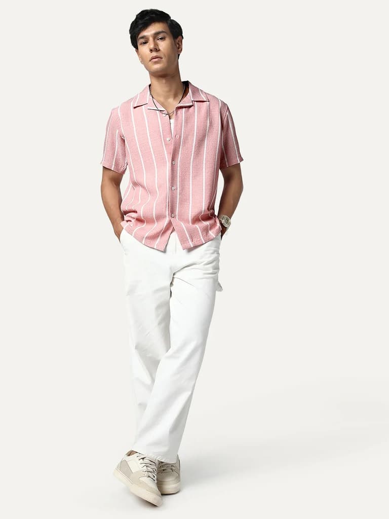 Men's Pink Cotton Half Sleeve Relaxed Fit Linen Striped Shirt with Cuban Collar — photo 5