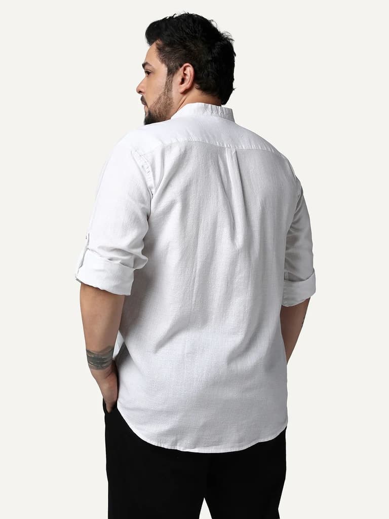 Plus Men's White Linen Blend Full Sleeve Relaxed Fit Mandarin Collar Casual Solid Shirt — photo 3