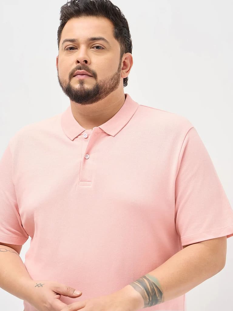 Plus Men's Dusty Pink Solid Regular Fit Half Sleeve Cotton Polo T-Shirt — photo 5