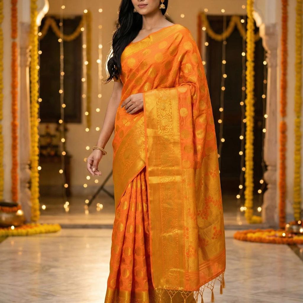 MIMOSA Women's Woven Design Kanjivaram Style Art Silk Saree with Blouse Piece - Gold ( SA00003146GDFREE )