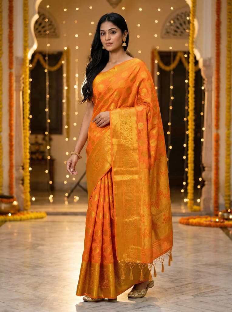 MIMOSA Women's Woven Design Kanjivaram Style Art Silk Saree with Blouse Piece - Gold ( SA00003146GDFREE ) — Default Title
