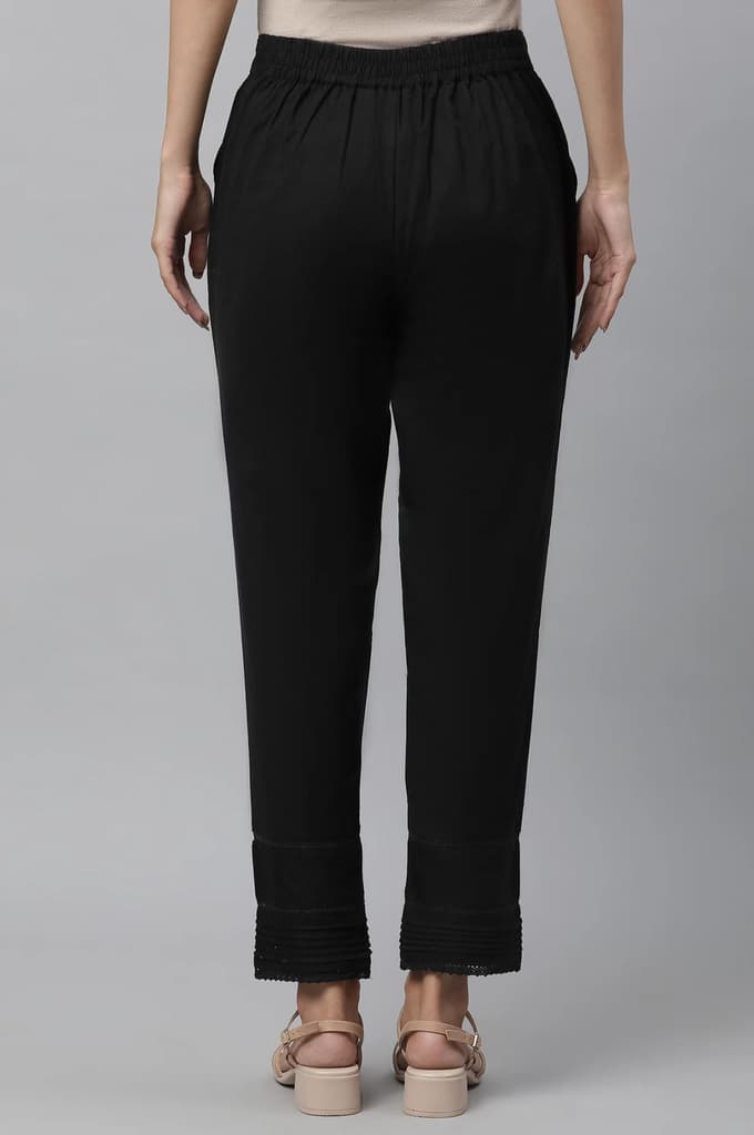 Black Solid Straight Fit Cotton Trousers With Lace Insert — photo 3