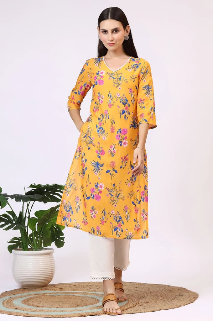 Yellow Floral Printed Modal Straight Kurta with Lace — photo 3