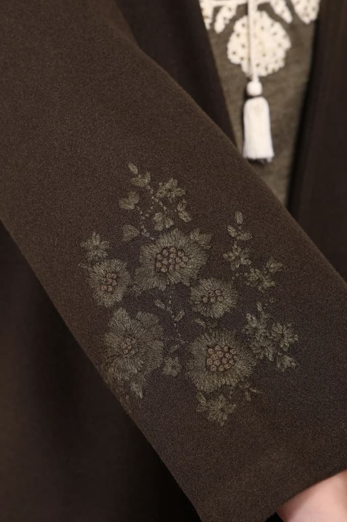 Olive Solid Embroidered Straight Coat — photo 6