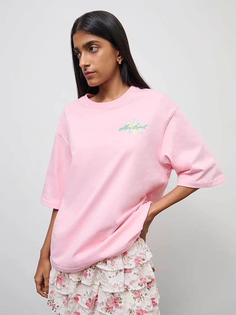 Nuon Pink Printed Oversized Cotton T-Shirt — photo 2