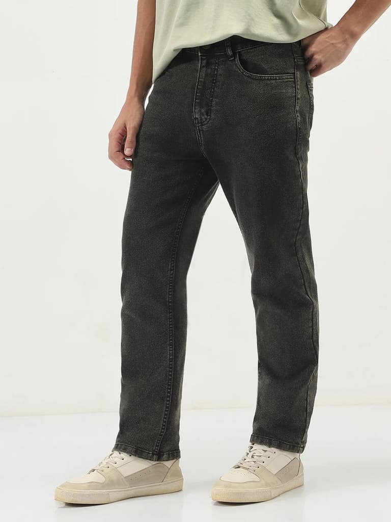 Men's Black Straight Fit Heavy Washed Jeans Stretchable — photo 2
