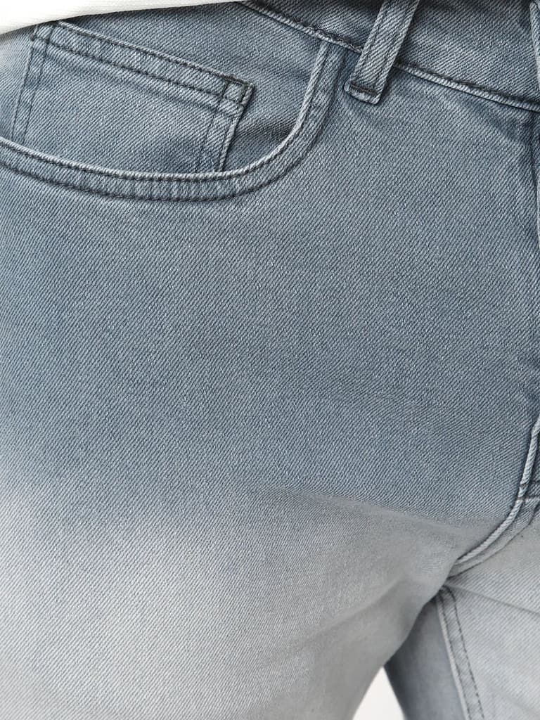 Men's Grey Straight Fit Heavy Washed Faded Denim Jeans Stretchable — photo 6