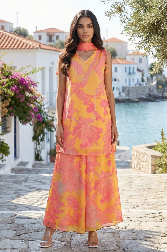 Yellow Floral Printed Tassels Straight Kurta with Flared Pants and Dupatta Set — photo 2
