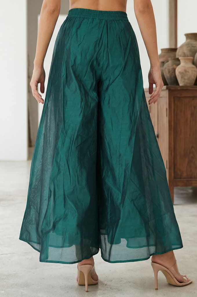 Green Solid Chanderi Wide Leg Flared Ankle Length Culottes — photo 4