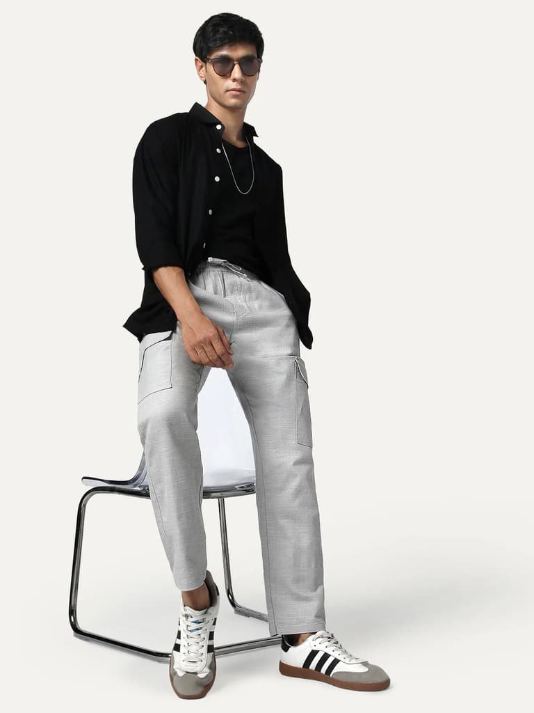 Men's Light Grey Straight Fit Linen Cargo Pants with 6 Pockets — photo 4