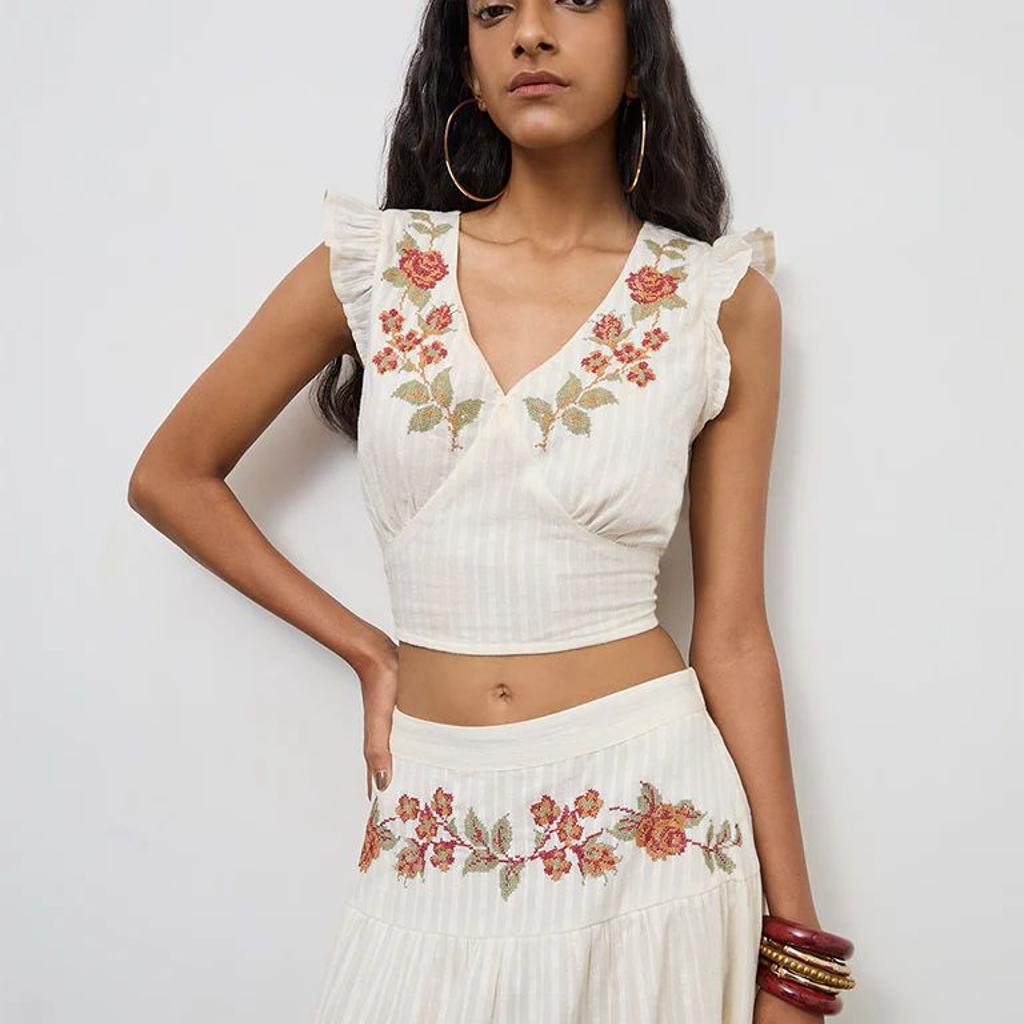 Bombay Paisley Off-White Floral Embroidered Cotton Top